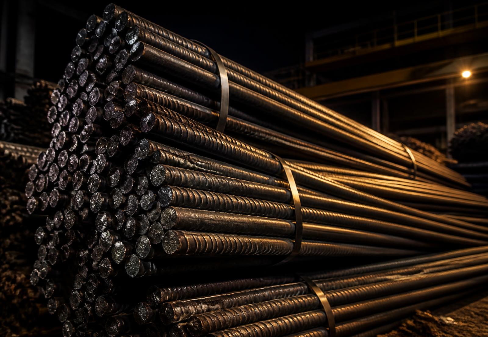 Bundles of TMT reinforcement steel bars stacked in a warehouse yard
